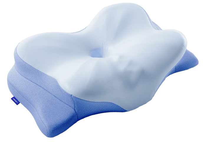 Derila Ergo butterfly-shaped pillow with a white cover and blue side panels.